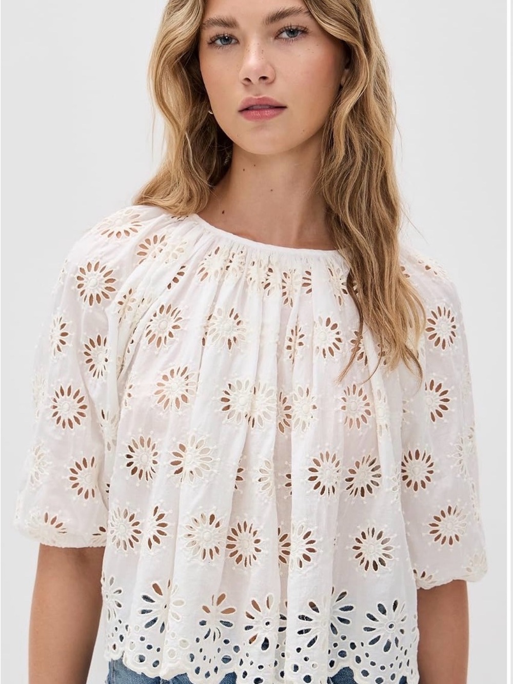 Madewell Embroidered Shirred Puff Sleeve Top - Large